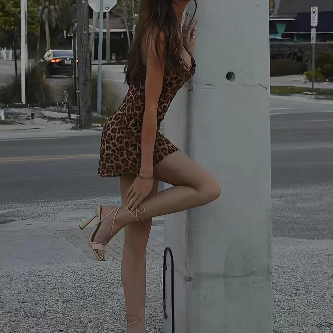 Leopard Print Backless Bodycon Gown Dress