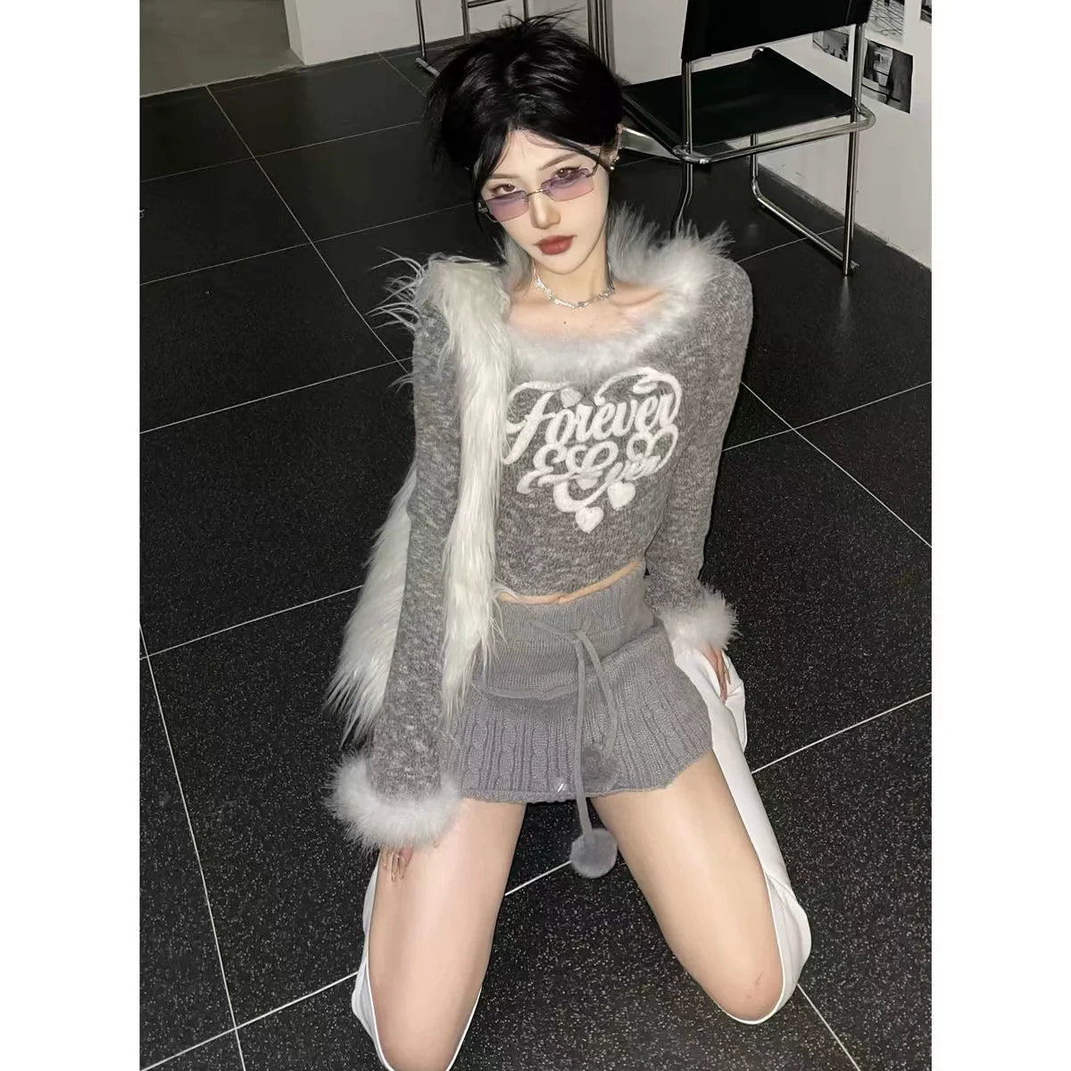 Heathered Gray Y2K Pure Elegance Fuzzy Cropped Sweater