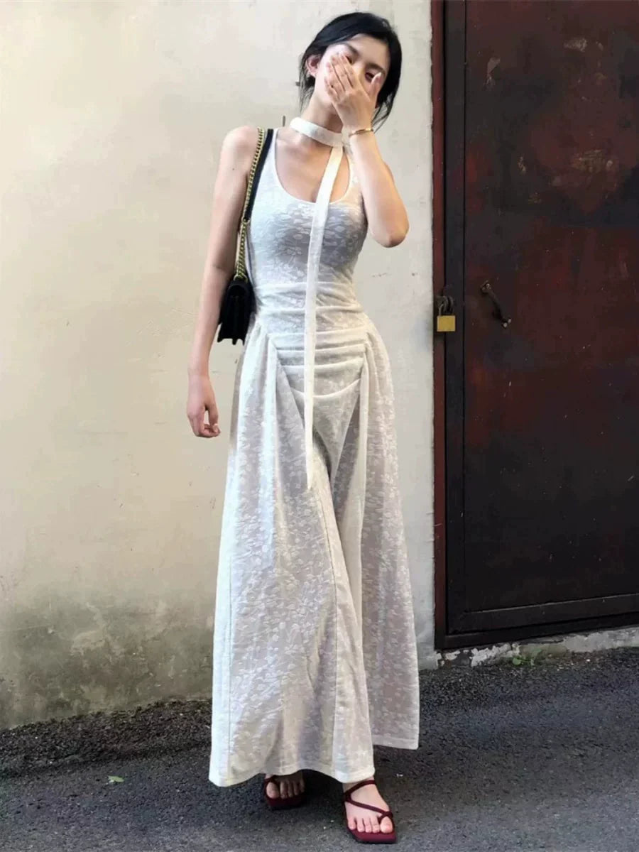 White Sheer Jacquard Halter Floral Layered Maxidress