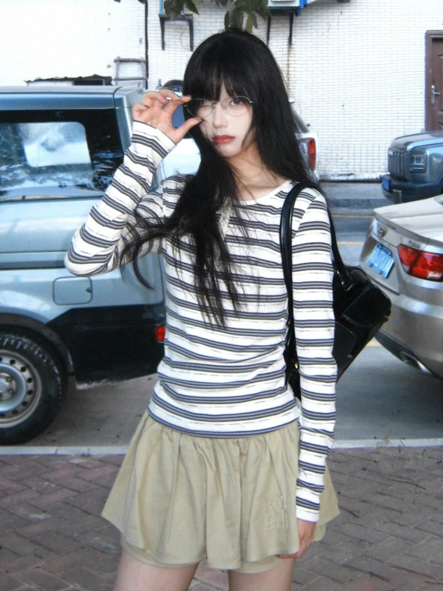 Retro Black White Striped Henley Long Sleeve Top