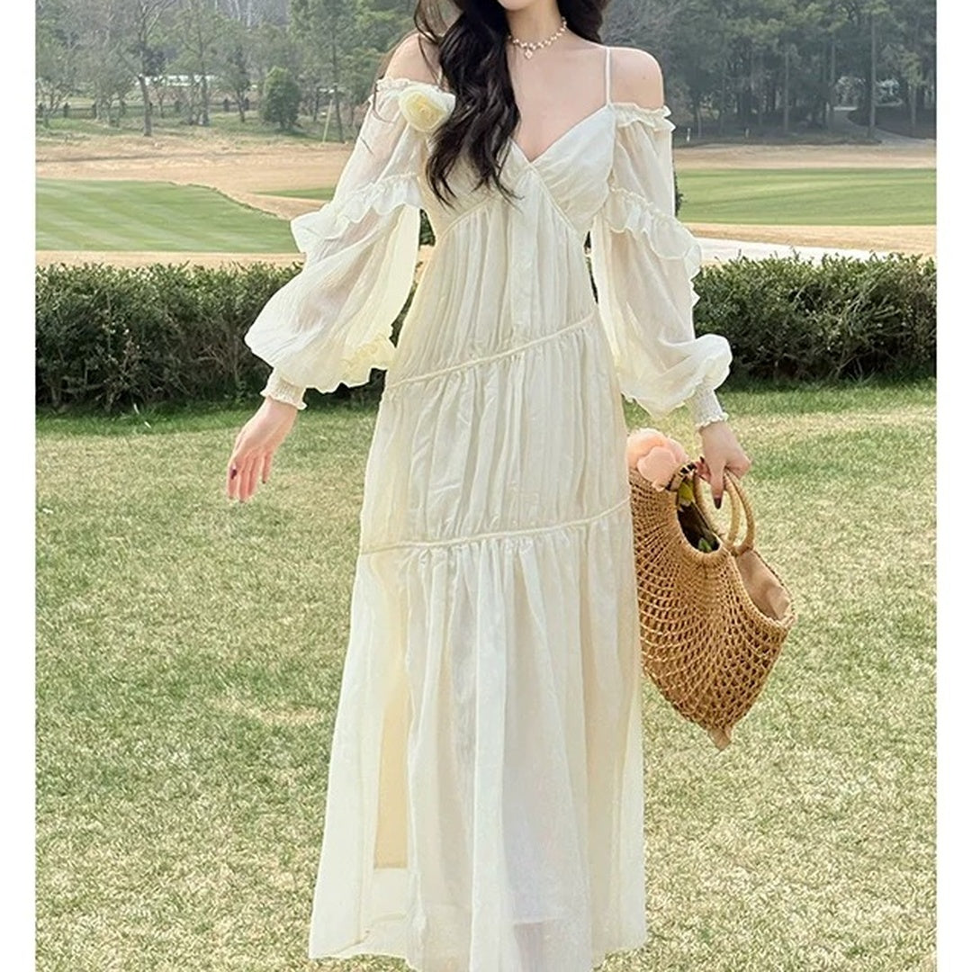 French V Neck Spaghetti Strap Bubble Sleeve White Gown Dress