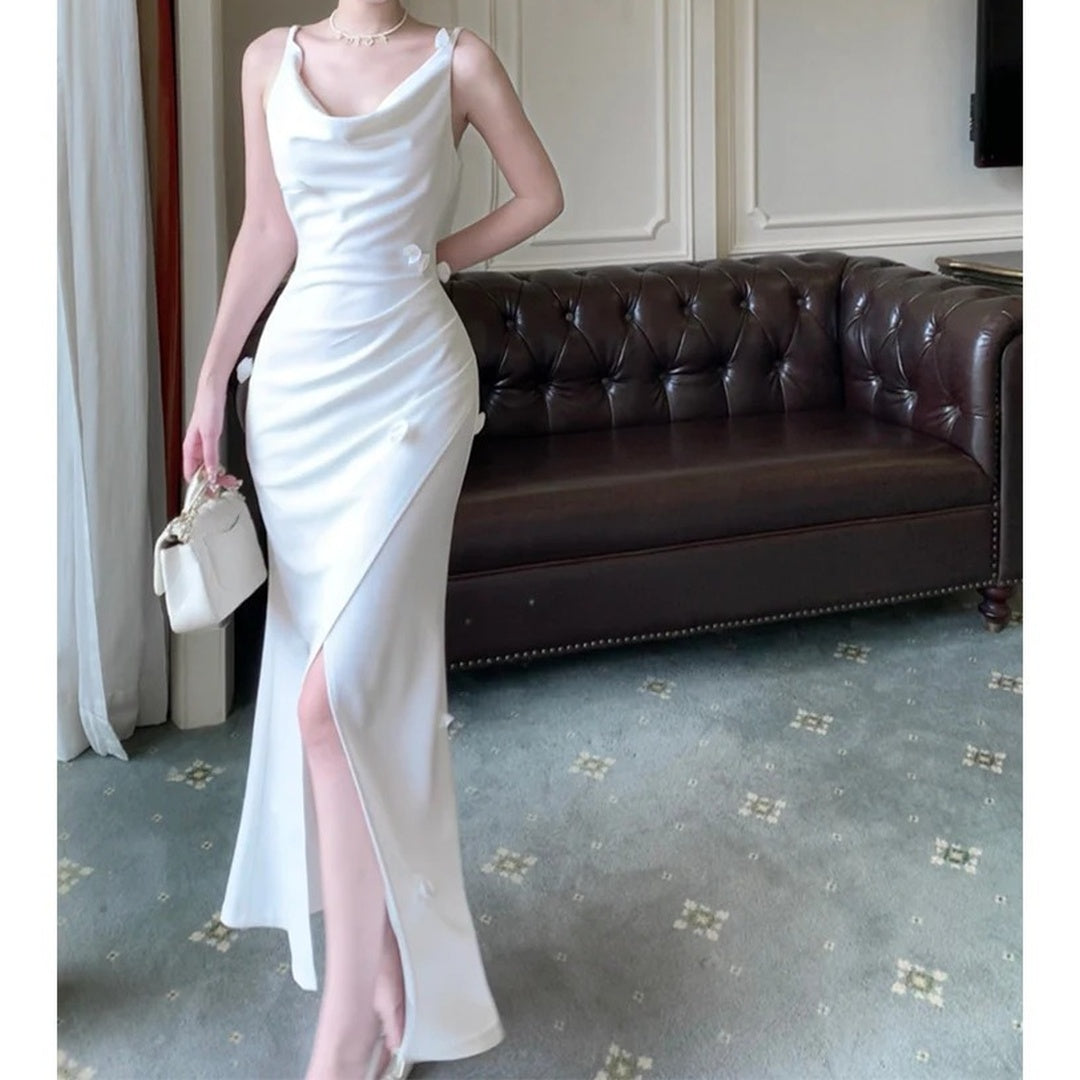 French Slim Fit Spaghetti Strap Slit Gown Dress