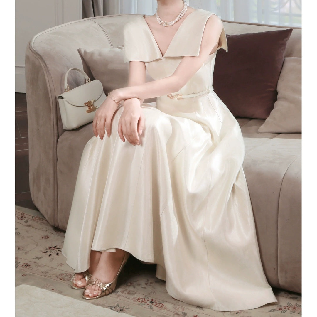 French Satin Sleeveless V-Neck Waist Gown Dress – Luxury Evening Dress