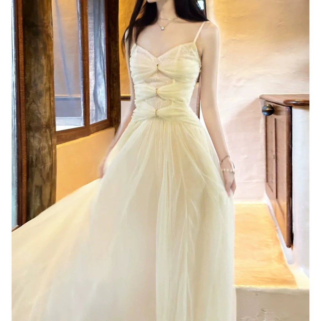 French Heavy Lace Tulle Spaghetti Strap Gown Dress