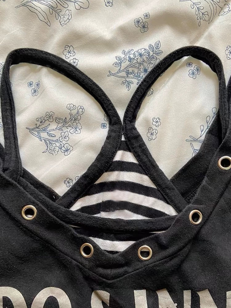 Black Striped V Neck Letter Tee and Cami Y2K Two Pieces Top Set