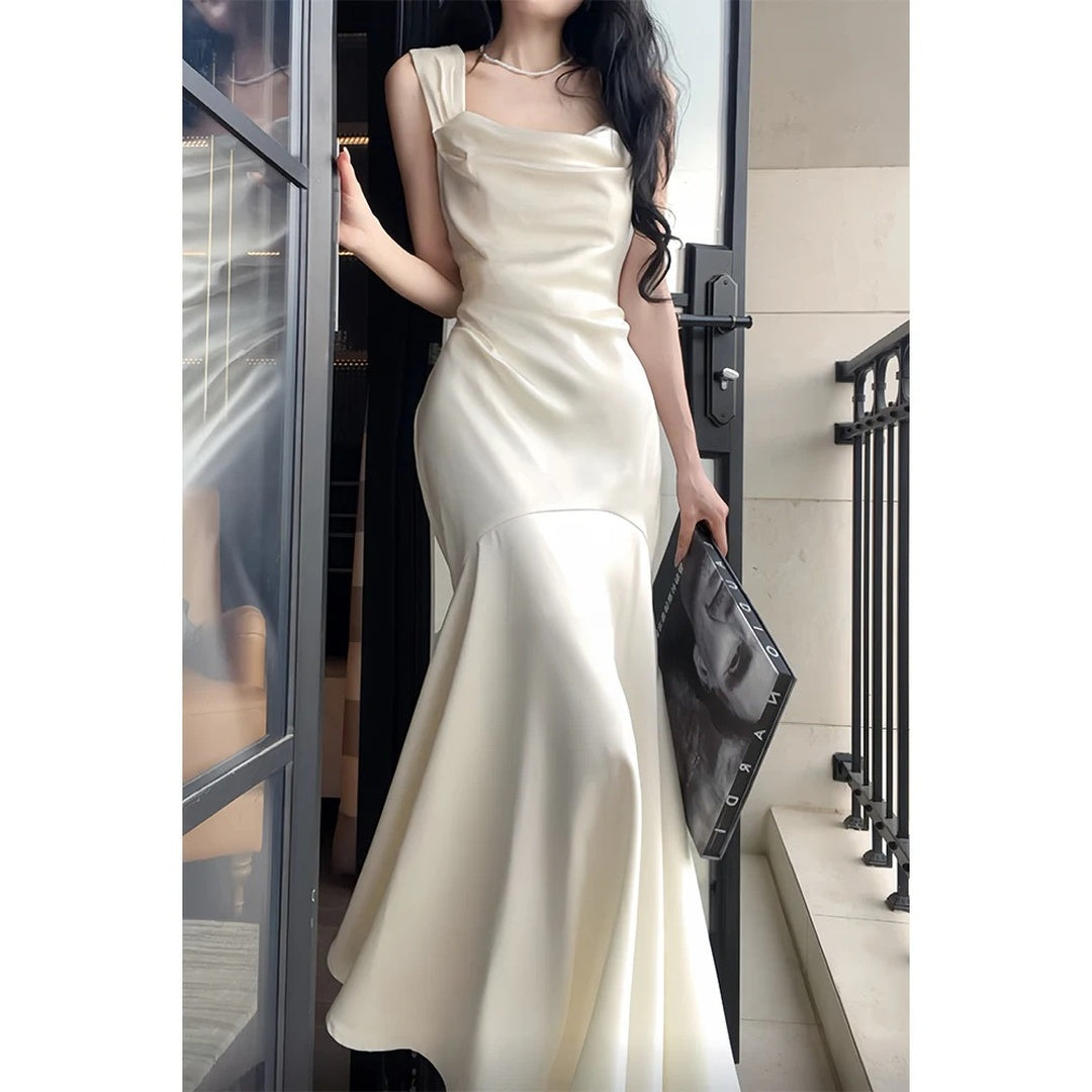 French Satin Mermaid Tail Dress White Engagement Party Evening Gown