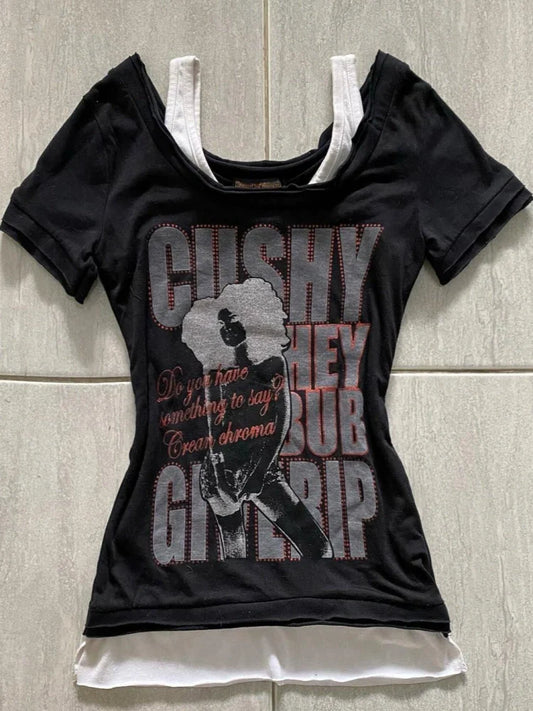 Black Fake Two-Piece Short Sleeve Subculture Rock Punk Y2K Abi American Retro Top