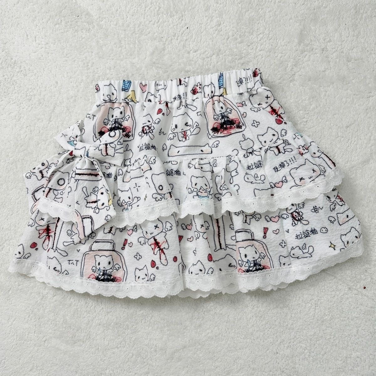 Zip & Cat Print Puff Cake Skirt Subculture Y2K E-girl Anime Cute High-Waisted A-line Fluffy Skirt