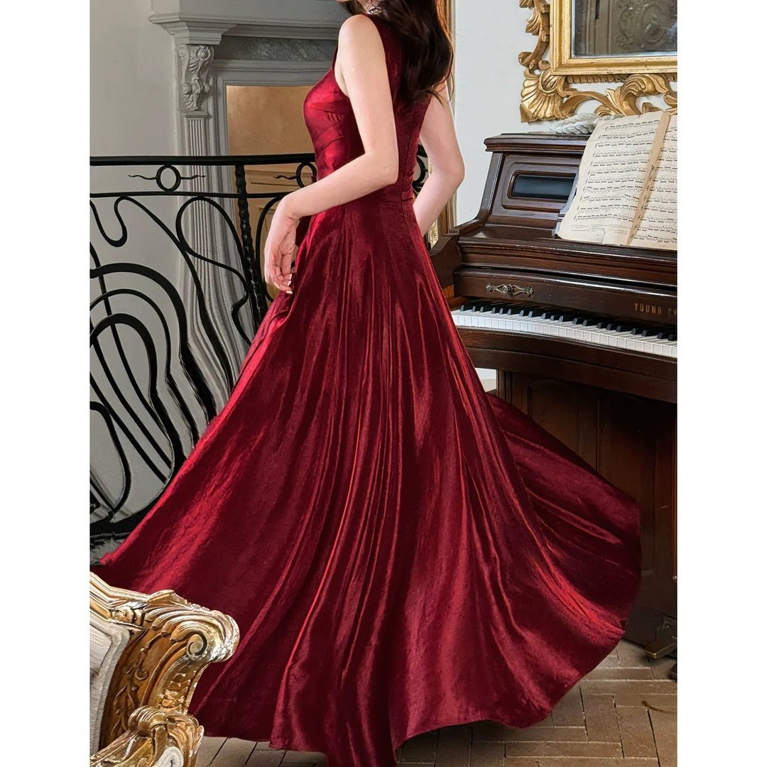 French Red Vintage Waist Full Skirt Gown Dress