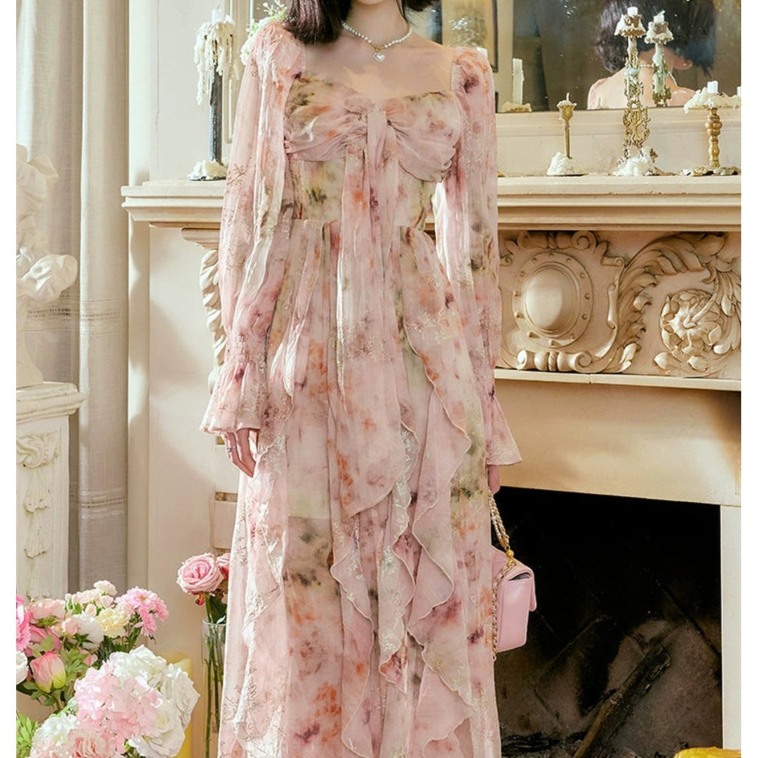 French Floral Long Sleeve Strapless Gown Dress