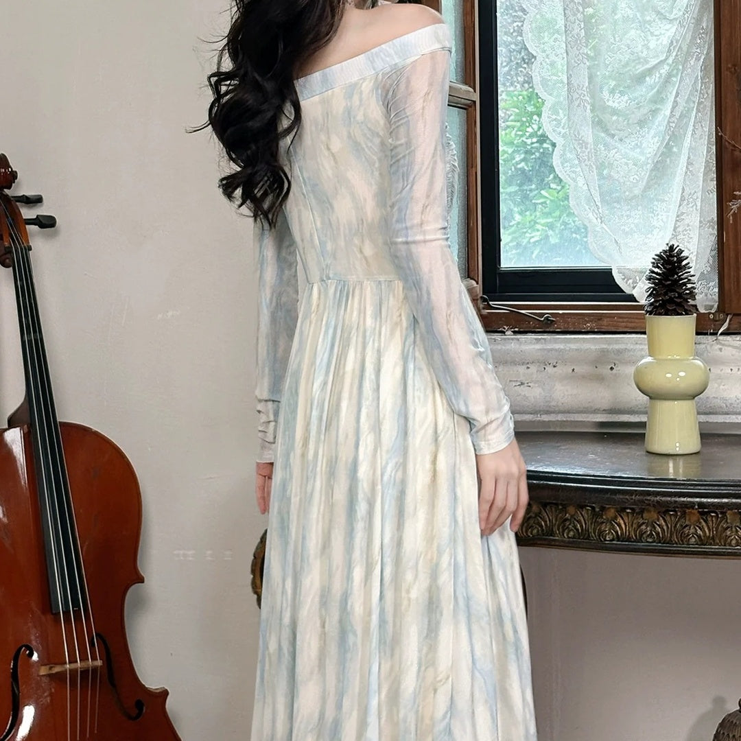 French Blue Printed One Shoulder Long Sleeve Gown Dress