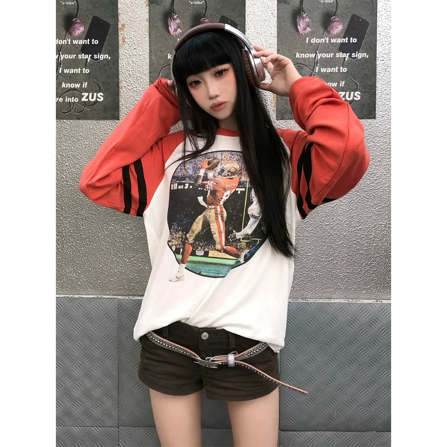 Retro White and Orange Color Block Raglan Long Sleeve Unique Design Top