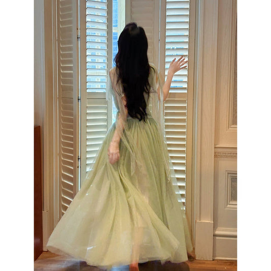 French V-Neck Green Chiffon Resort Gown Dress