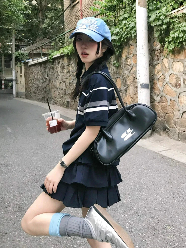 Striped Polo Tee with Puff Sleeves Loose Half-Zip Crop Top