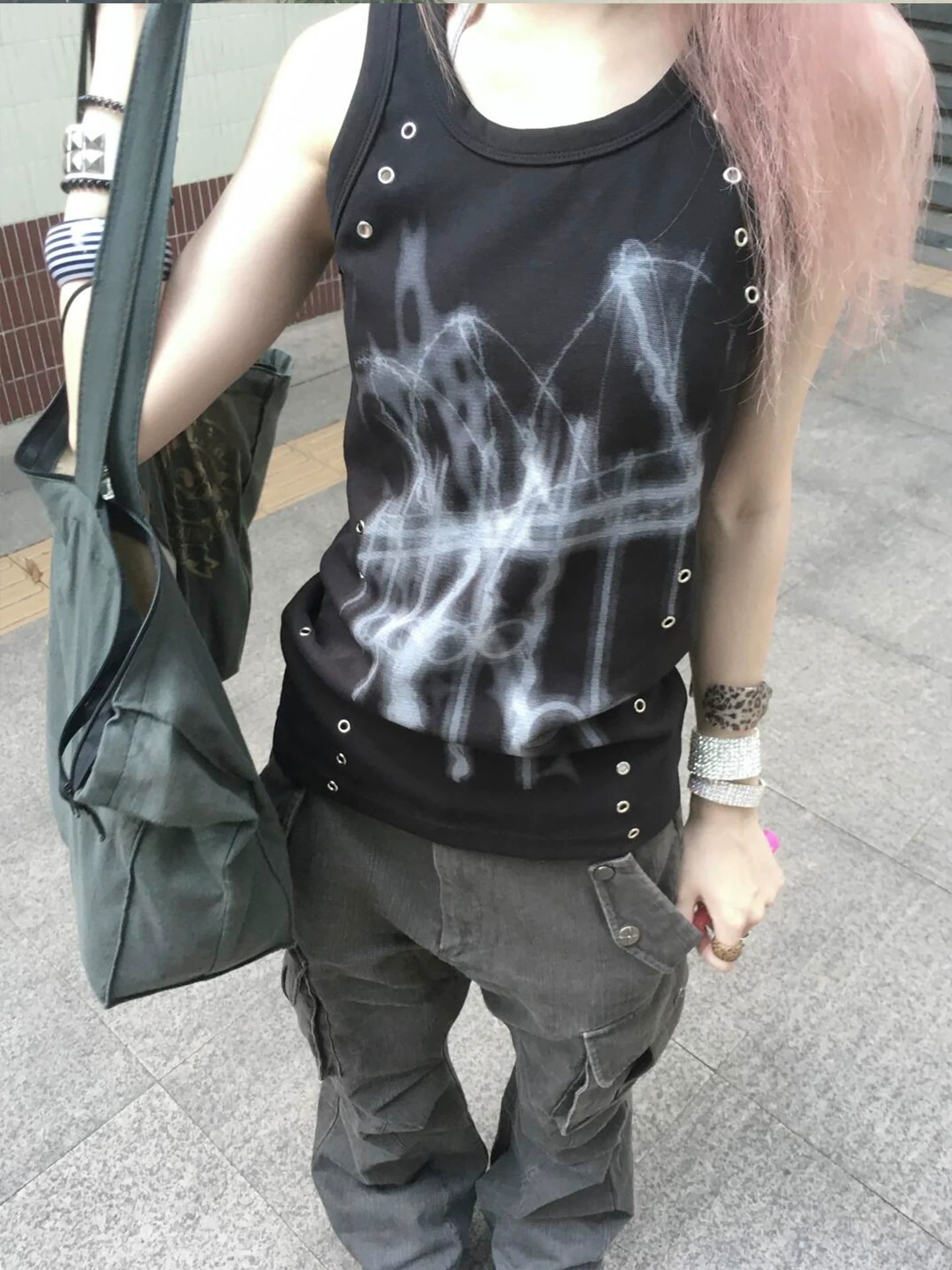 Y2K Subculture Black Tank Top Punk Fitted Sleeveless Visual Kei Style