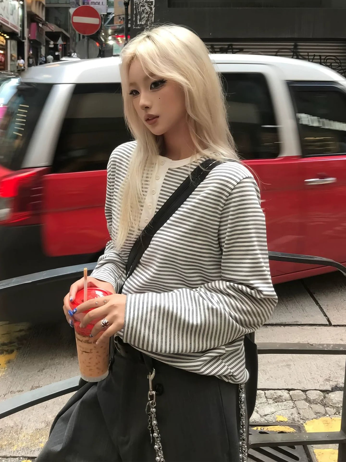 Retro Striped Henley Long Sleeve Top for Early Autumn