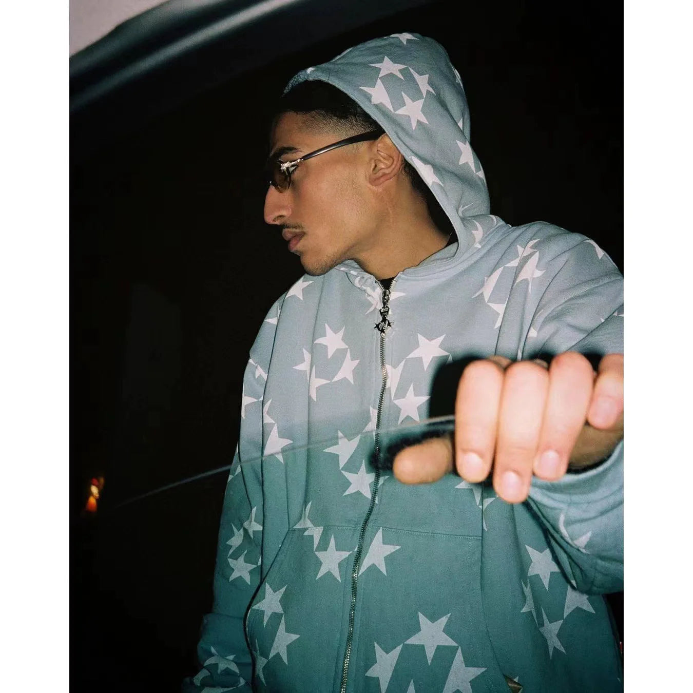 Gray Y2K Punk Star Print Fleece Cardigan Hoodie