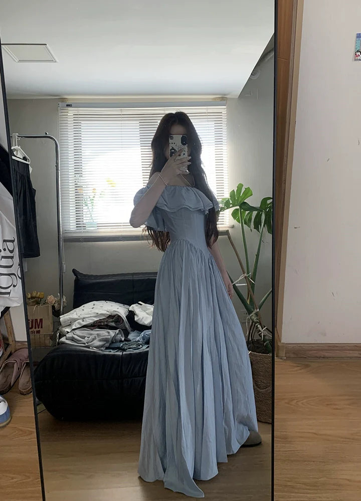 Blue Ruffled Sleeve Off-The-Shoulder French Retro Dress