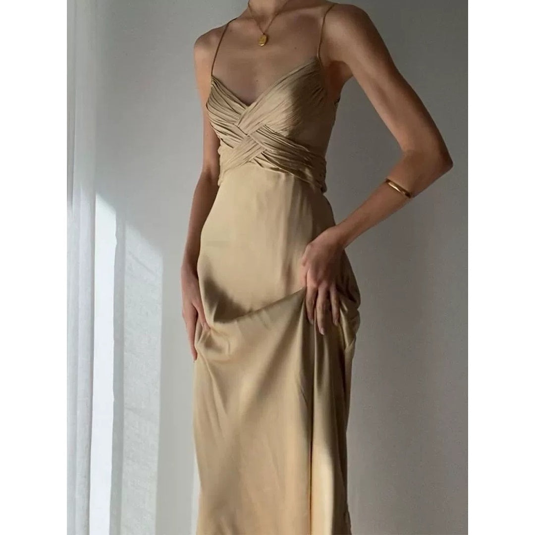 French V-Neck Cross Satin Spaghetti Strap Gown Dress