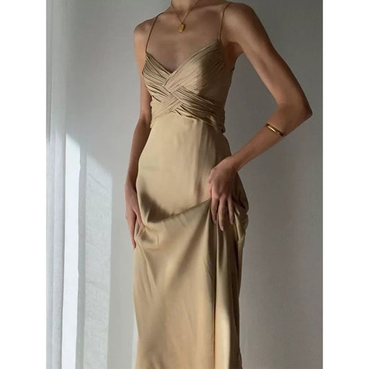 French V-Neck Cross Satin Spaghetti Strap Gown Dress
