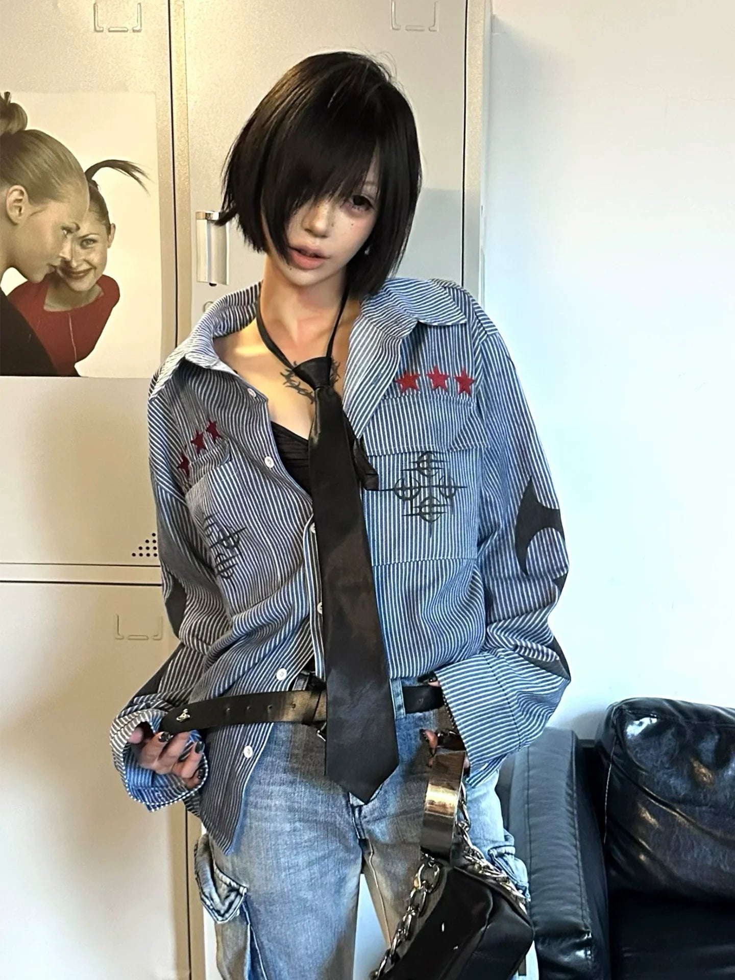 Y2K Distressed Striped Long Sleeve Shirt