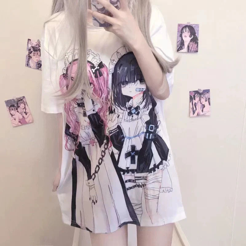White Japanese Anime E-Sports Girl Print Niche Design Oversized Y2K T-Shirt