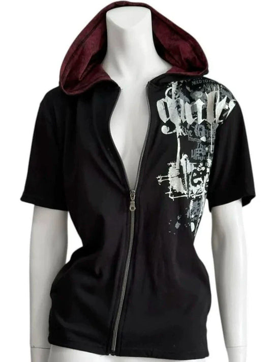 Black Gothic Punk American Vintage Hooded Short-Sleeve Y2K T-Shirt