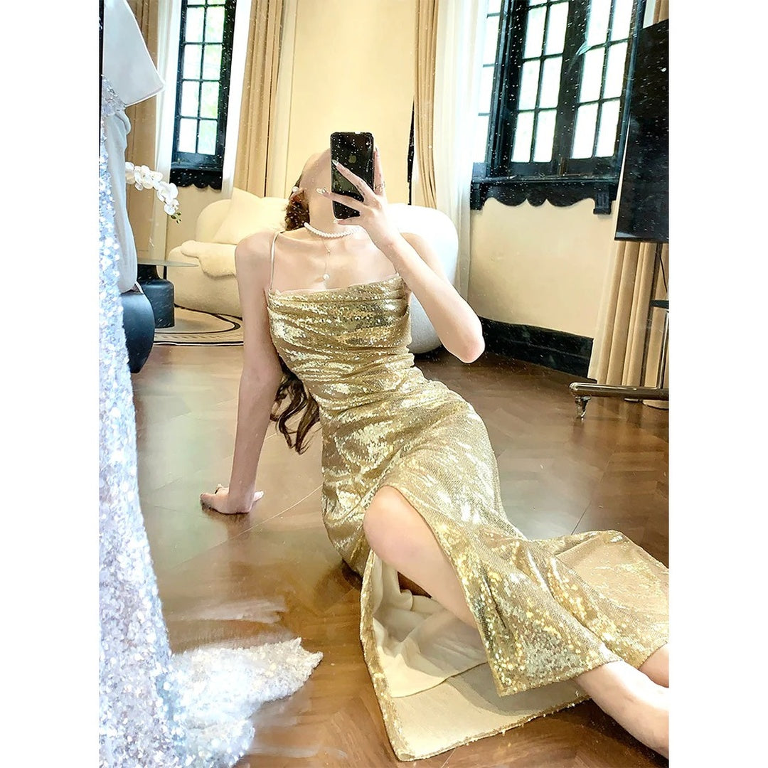 Gold Spaghetti Strap Sequin Mermaid Gown Dress
