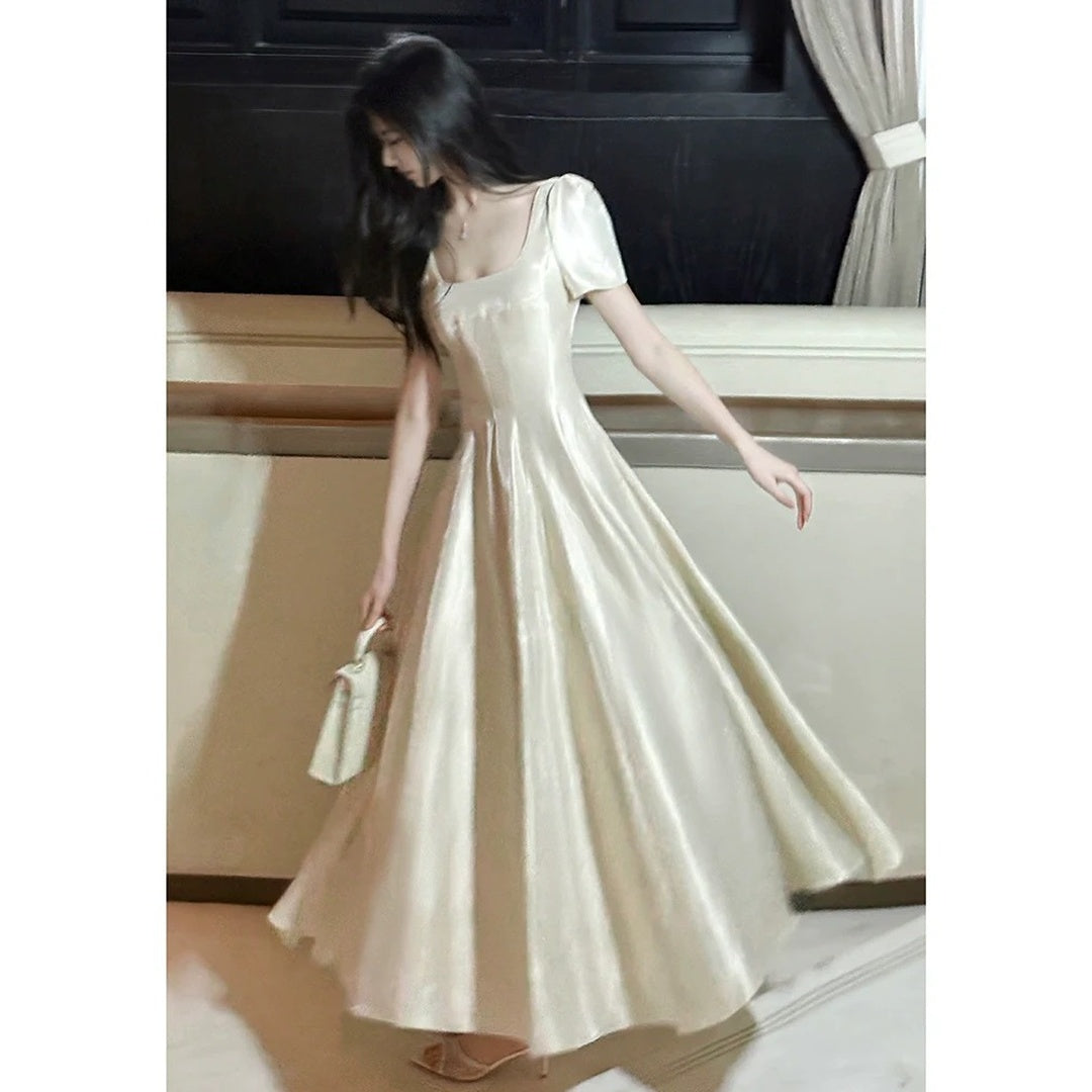 French Retro Square Neck Satin Gown Dress – Hepburn Style Engagement Dress