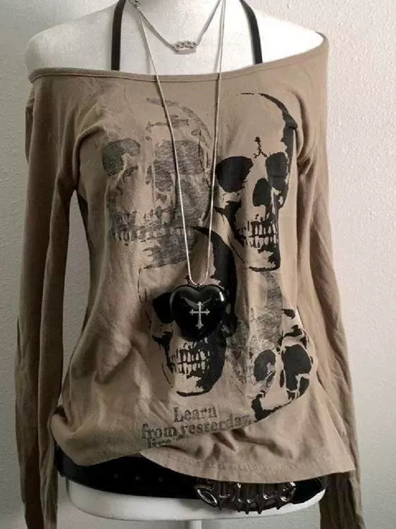 Brown Vintage Skull Off-The-Shoulder Fitted Y2K T-Shirt