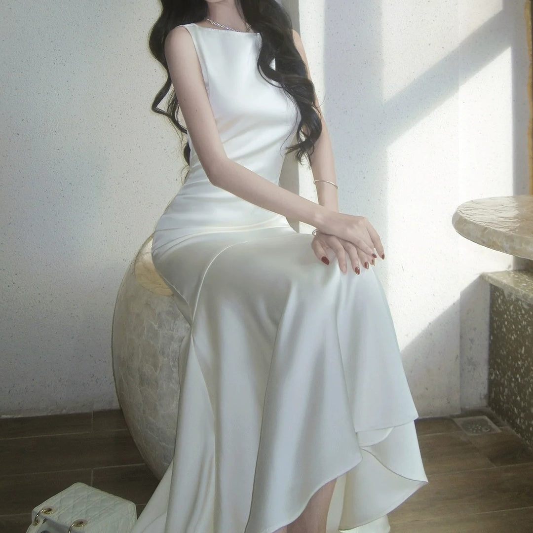 Simple White Satin Sleeveless Bodycon Gown Dress