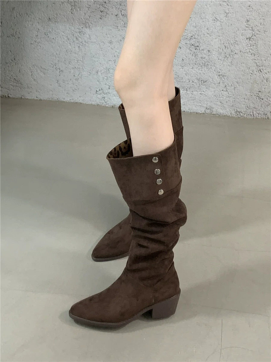 Versatile Foldable Slouchy Leopard Print Suede Retro Chunky Heel Western Knee High Women's Boots