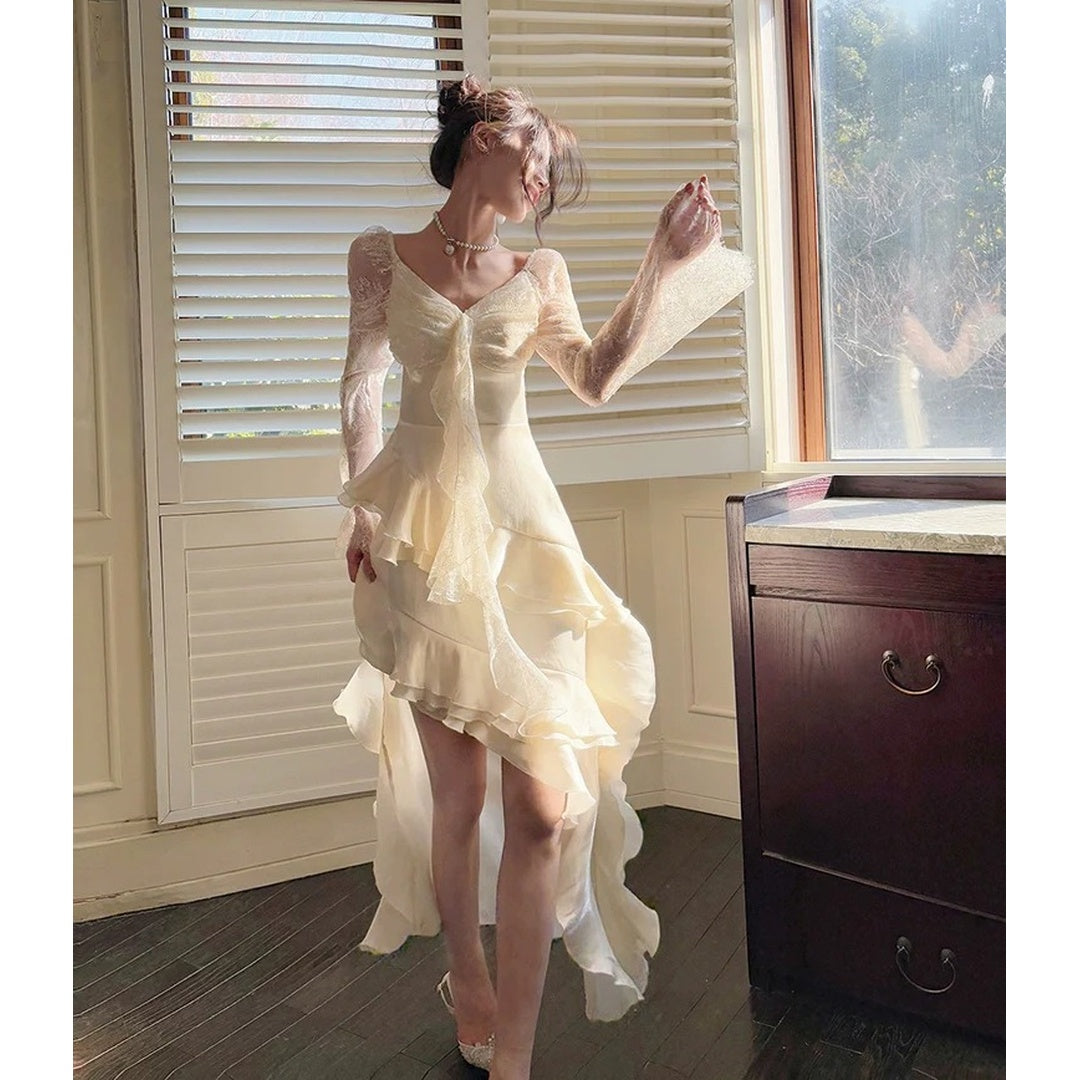 French Lace Long Sleeve Ruffle Waist Gown Dress