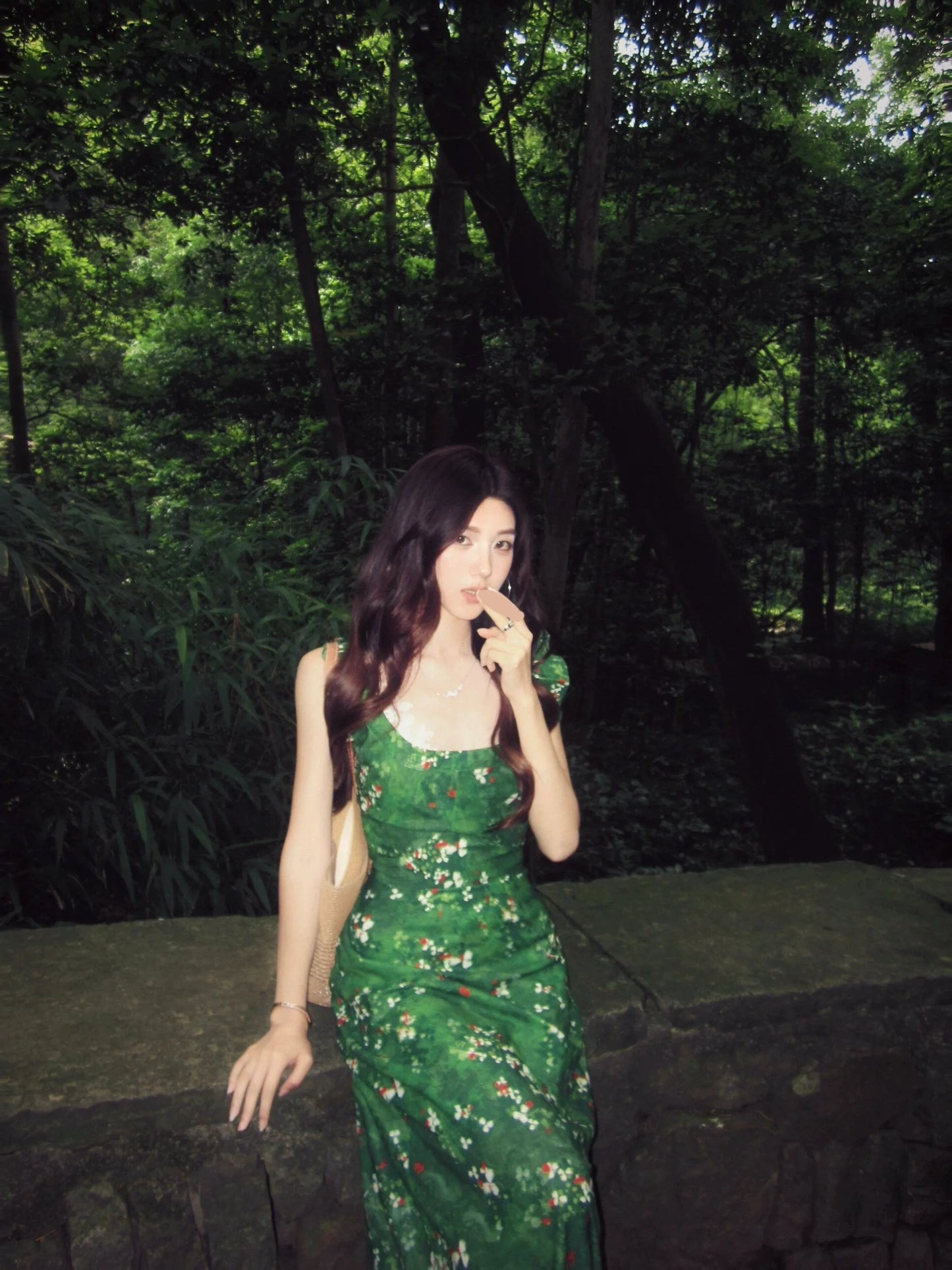 Reversible Forest Green Puff-Sleeve Maxi Dress