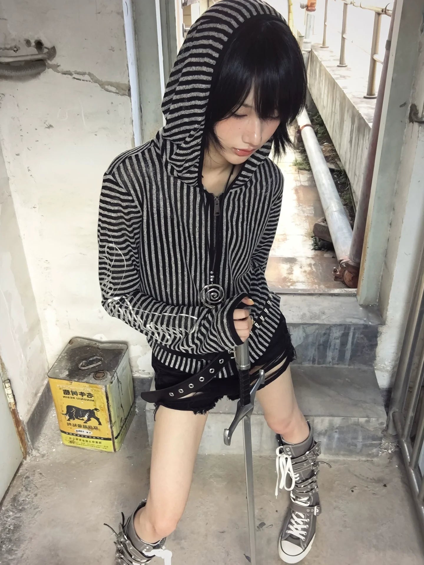 Y2K Striped Hooded Cutout Cardigan