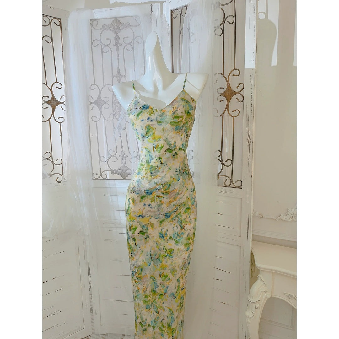 Artist’s Oil Paint Modern Chinese Floral Spaghetti Strap Gown Dress