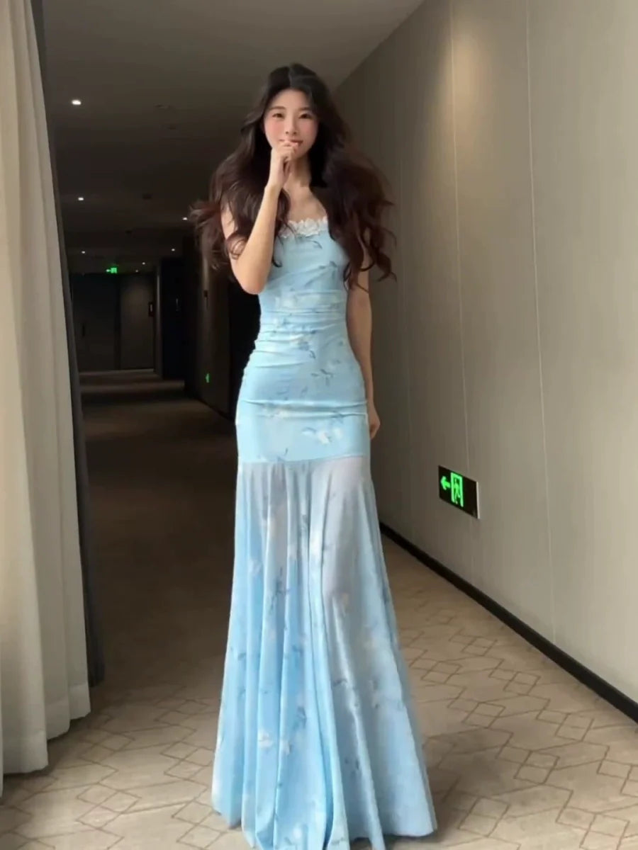 French Blue Lace Tulle Camisole Mermaid Bodycon Maxi Dress