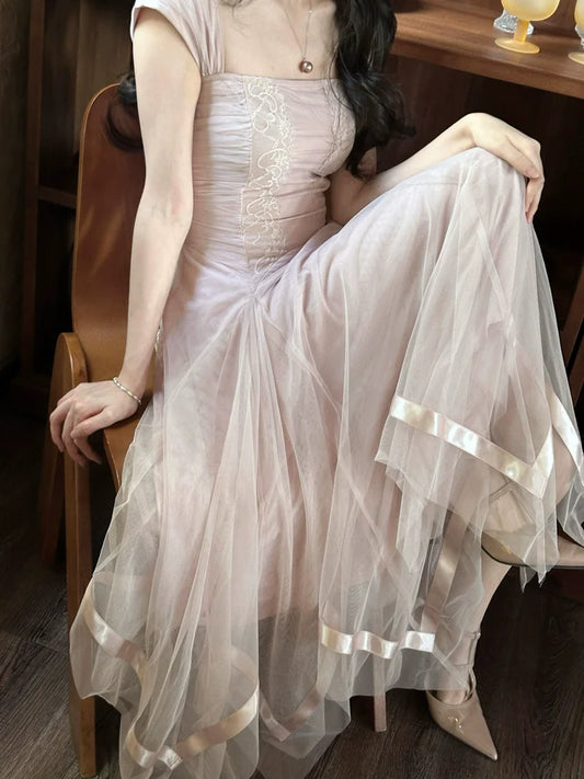 Smoky Pink Handcrafted Mesh-Lace Maxi Dress With Ribbons