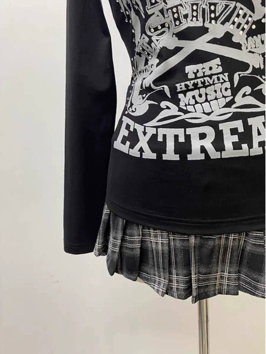 Black Gothic Vintage Print Designer Long Sleeve Y2K T-Shirt