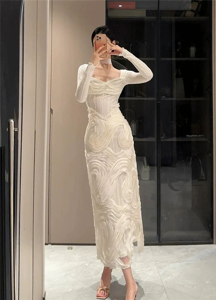 French Romantic White Textured Panel Square-Neck Knit Gown Dress