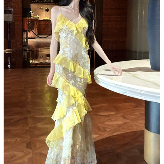 Floral Asymmetrical Ruffle Lace Halter Gown Dress