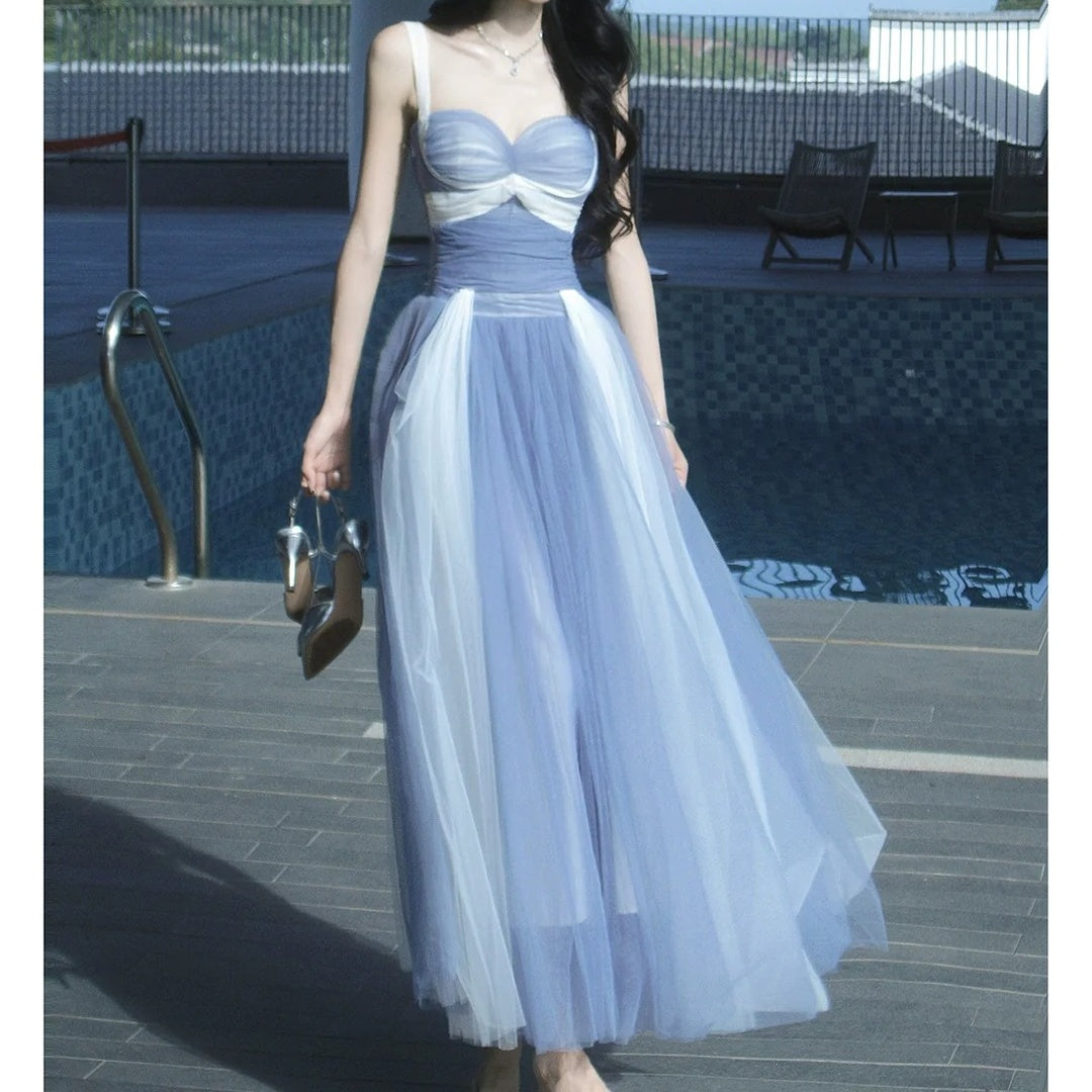French Tulle Splice Spaghetti Strap Gown Dress – Colorblock Puff Skirt