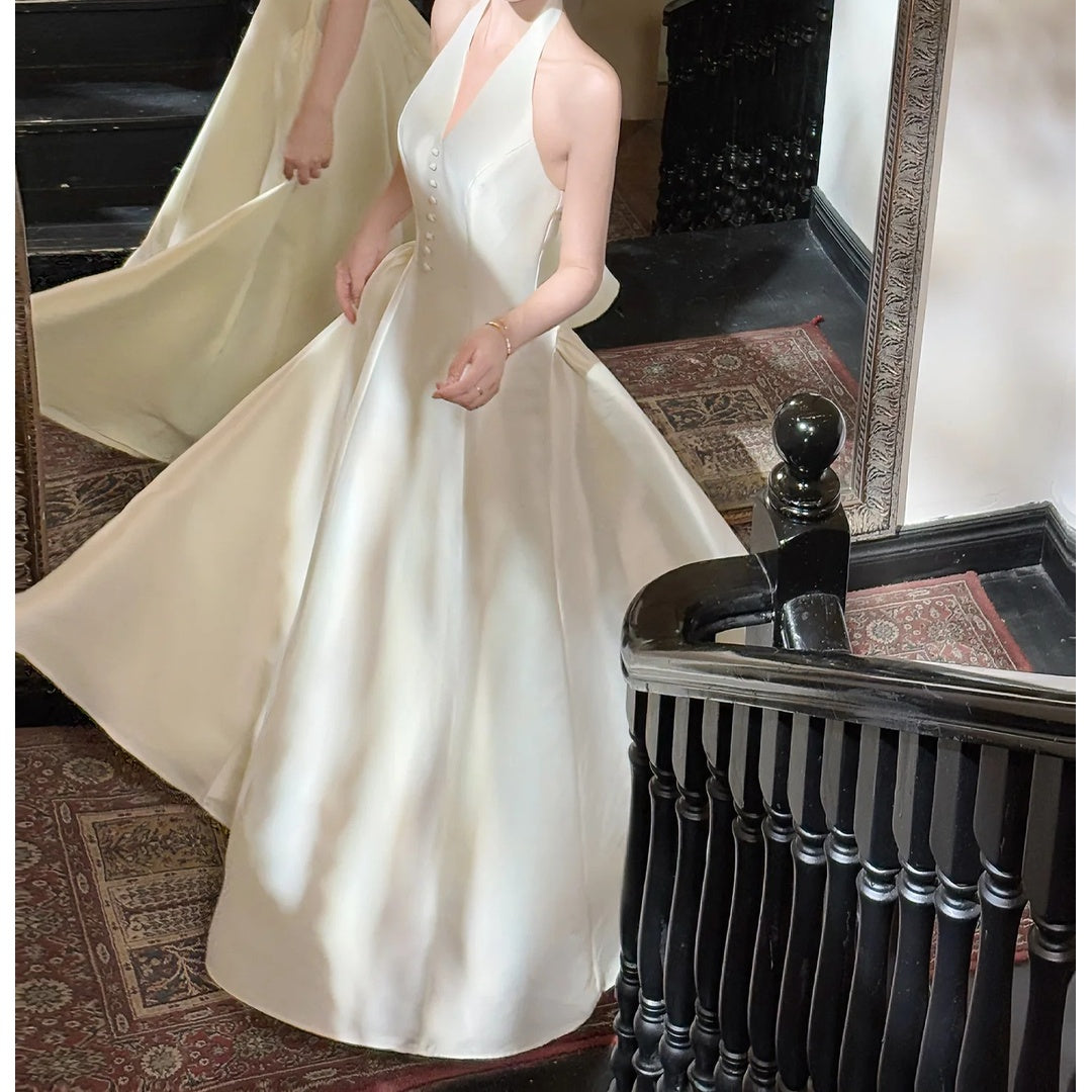 French Satin Halter Neck Waist Gown Dress