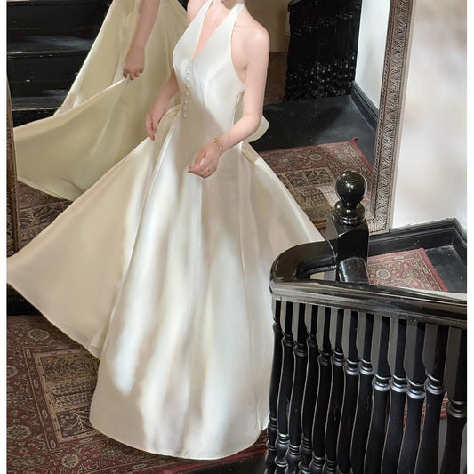 French Satin Halter Neck Waist Gown Dress