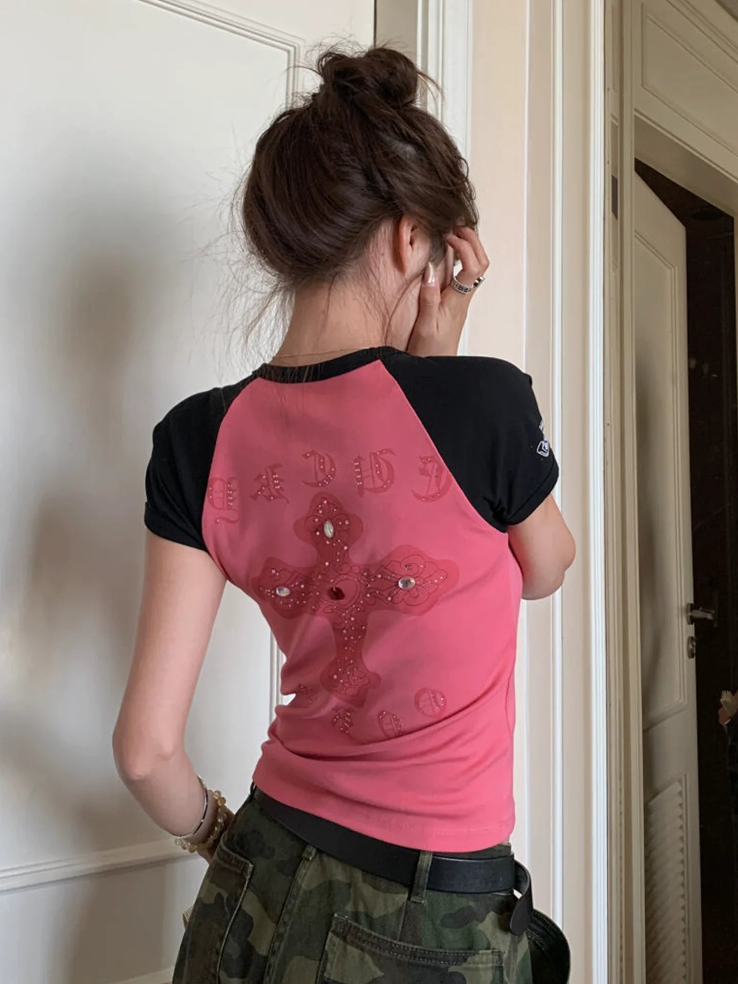 Rhinestone Cross Short Sleeve Gothic Y2K Crop Top