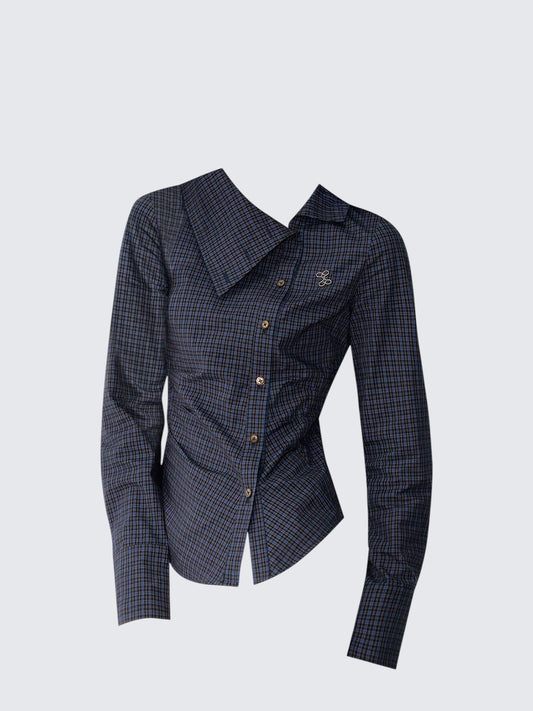 Vintage Asymmetric Collar Plaid Shirt