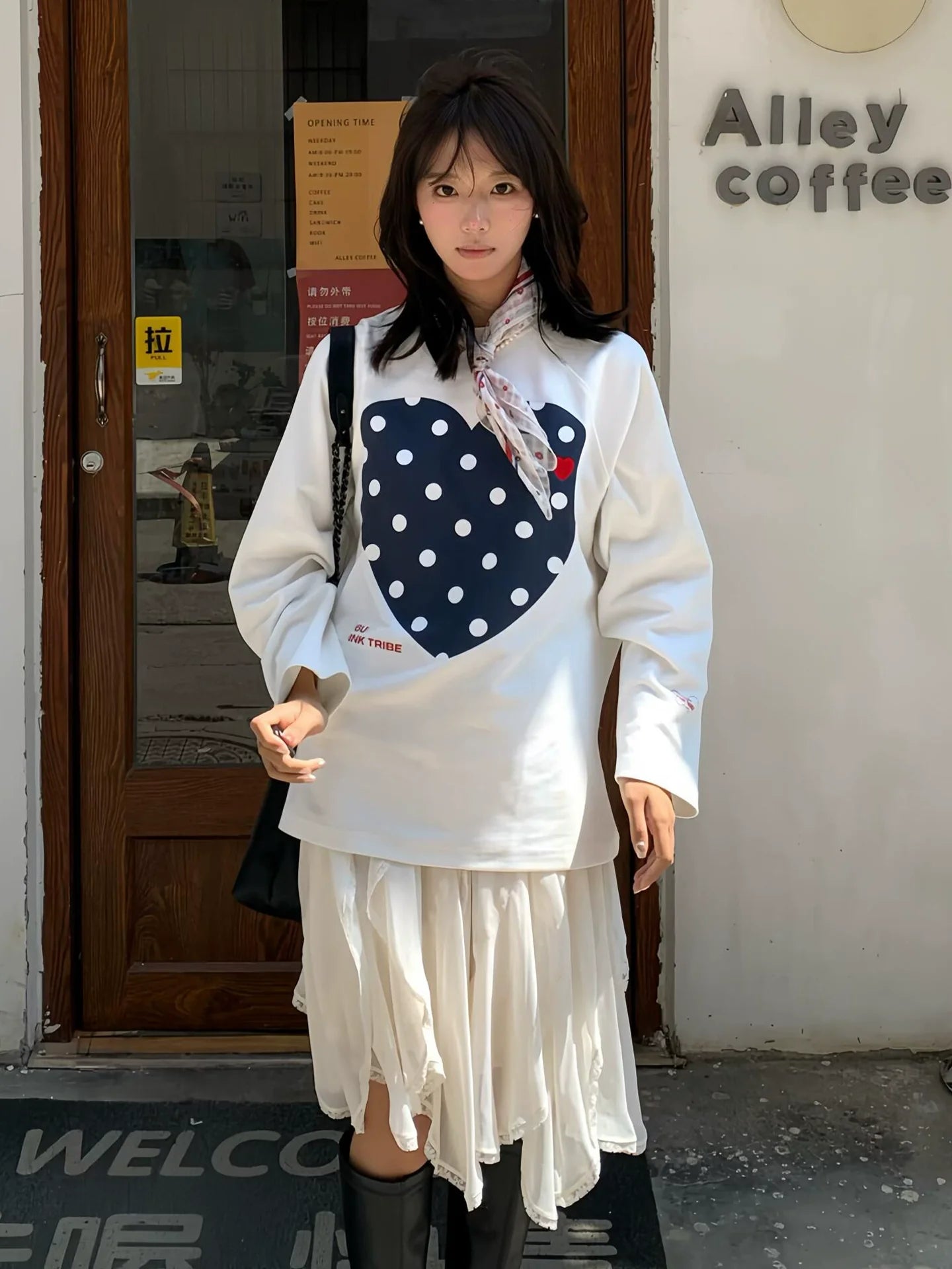 Korean White Heart Dot Long Sleeve Tee