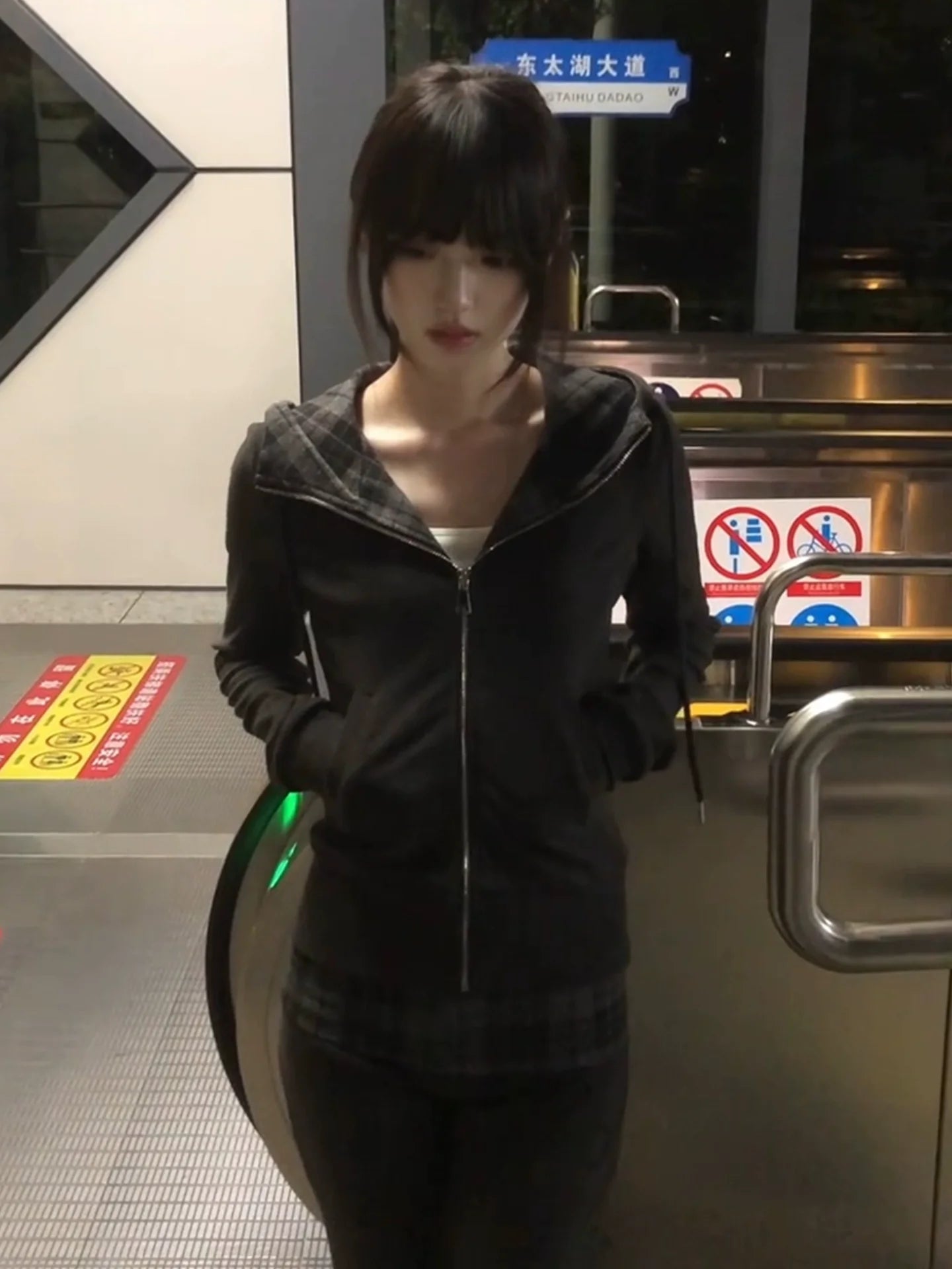 Slim Fit Hoodie Plaid Patchwork Zip Up Top