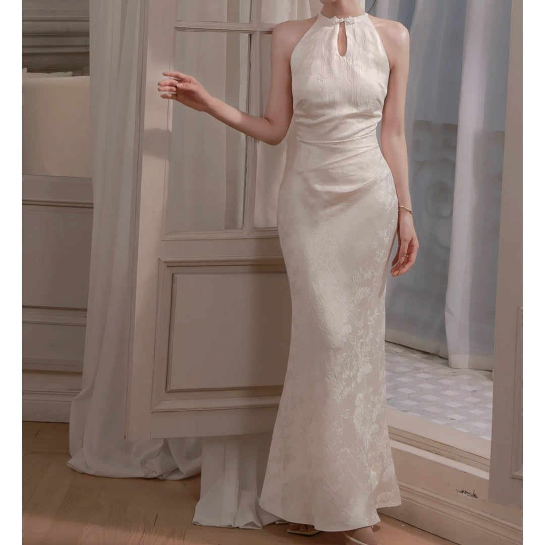 Chinese Satin Halter Mermaid Cheongsam Gown Dress