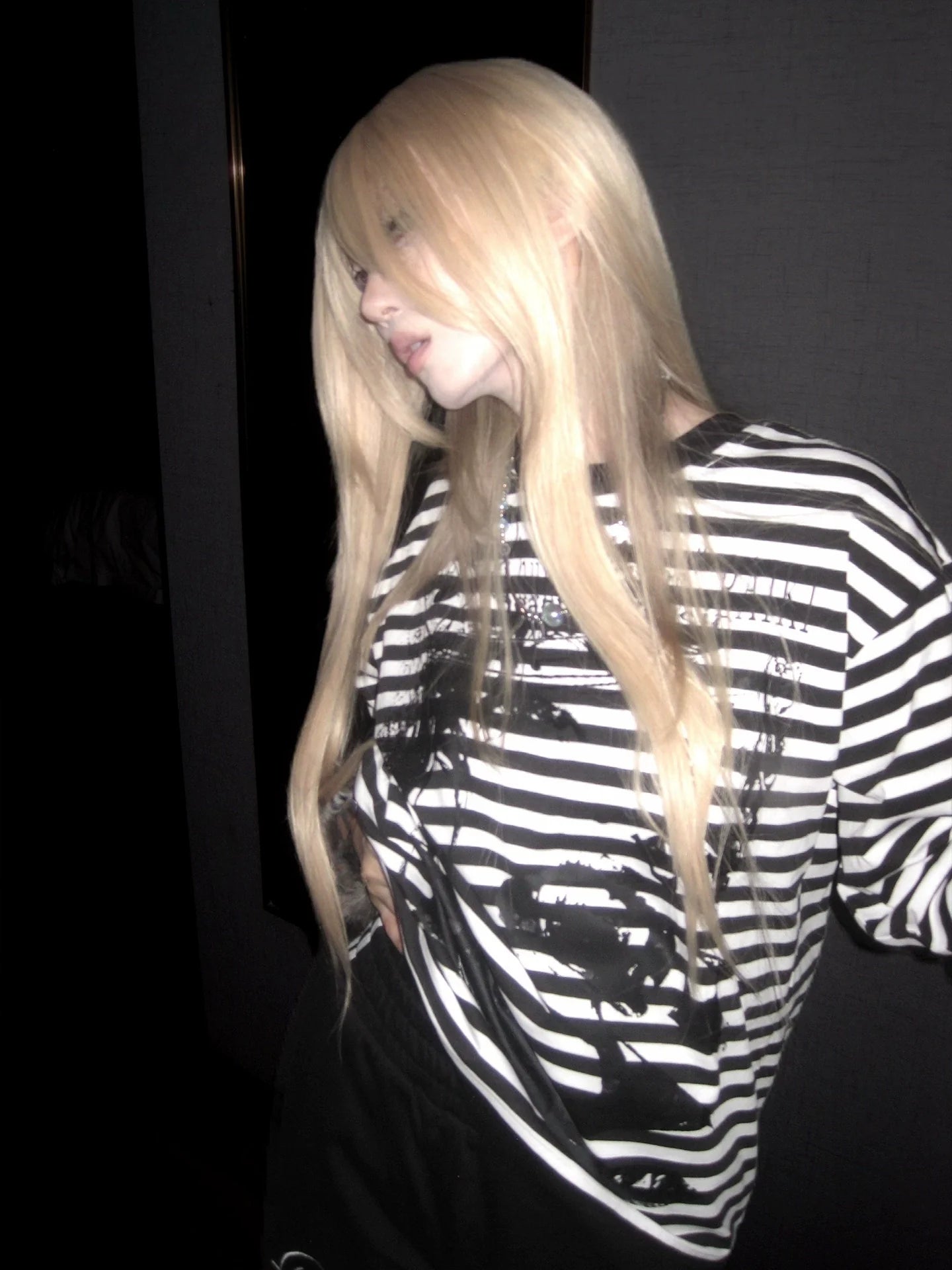 Y2K Visual Kei Black and White Striped Portrait Print Long Sleeve Top